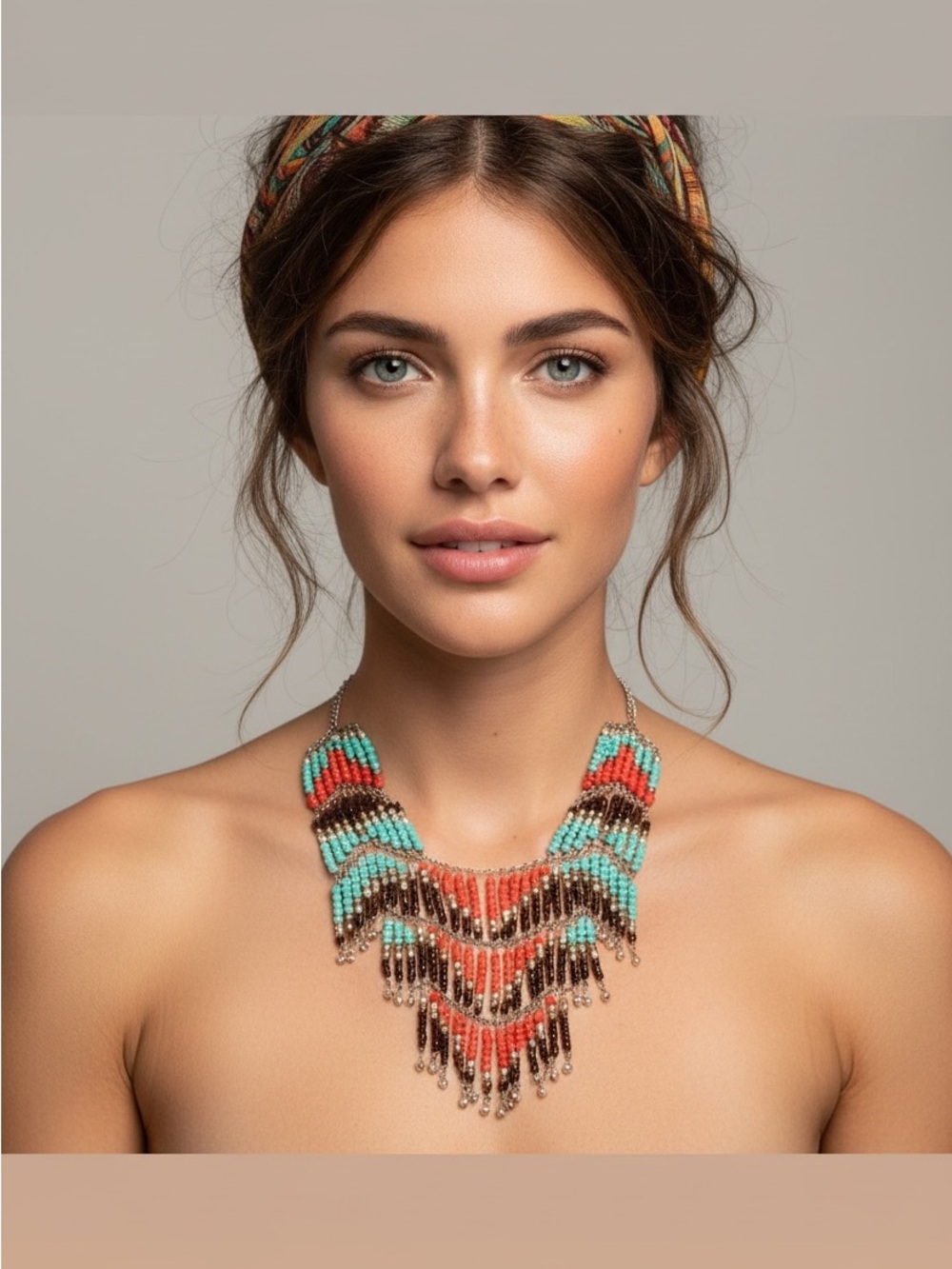 Vintage southwestern Bohemian Turquoise Coral Beaded fringe statement necklace